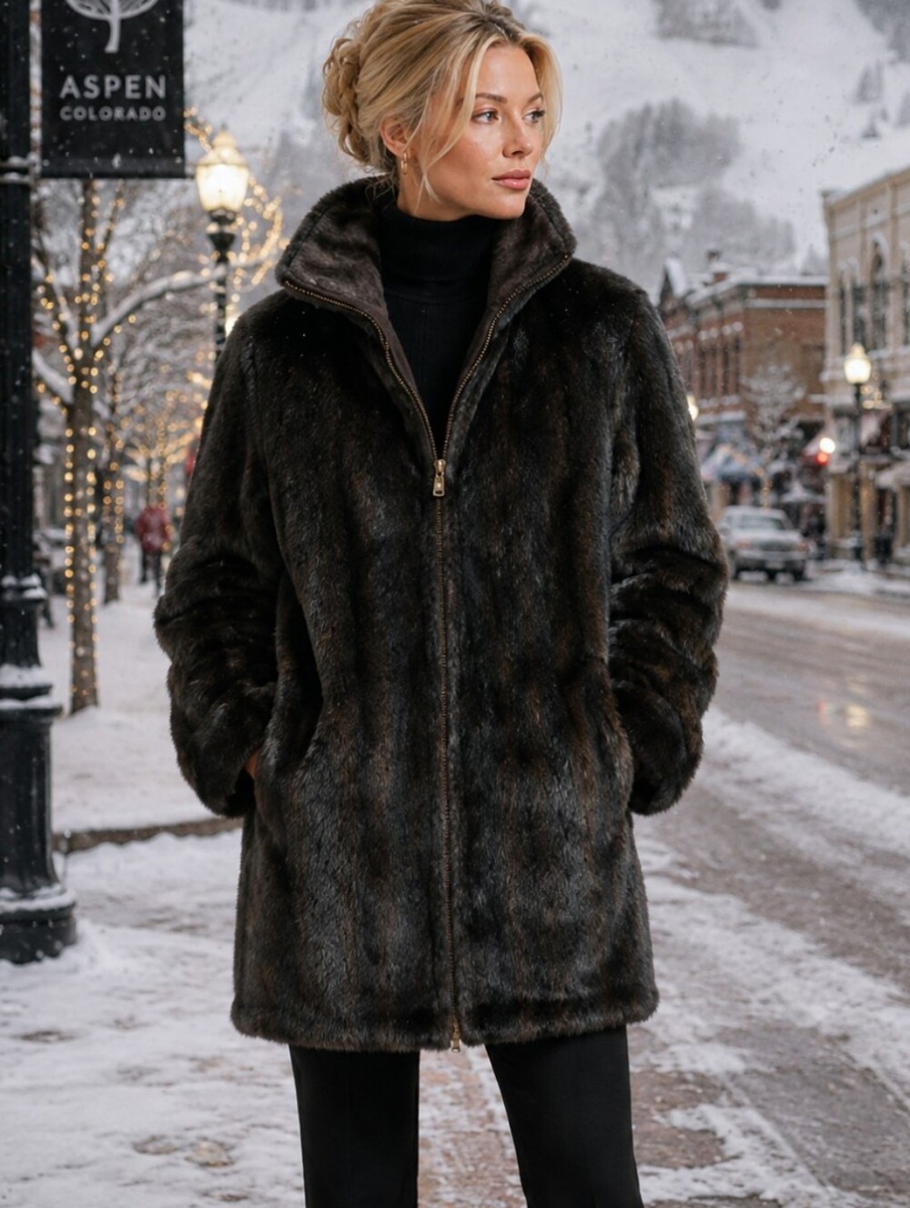 Reversible Chocolate Brown Suede & Plush Faux Mink Coat Luxe Winter Old Money L